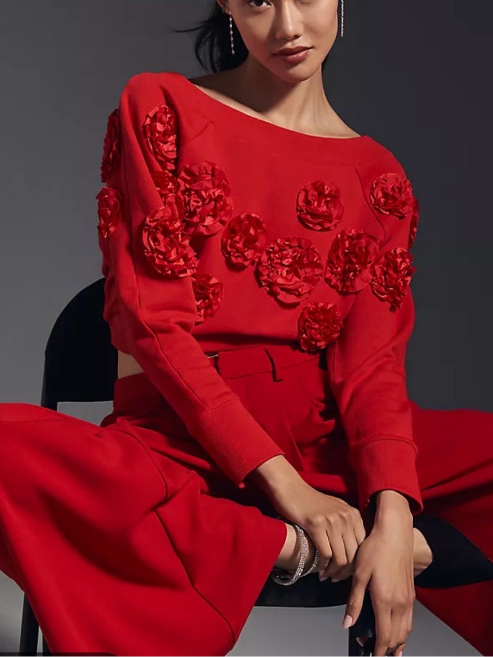 Anthropologie Maeve 3D Floral Cropped Sweatshirt Red NWT XL